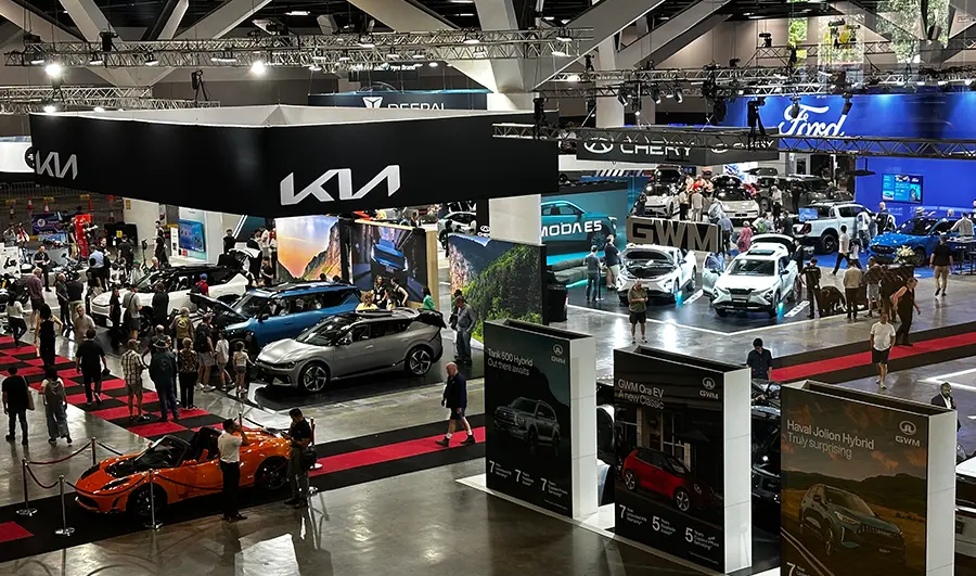 Electric vehicles on display at an Australian auto show.